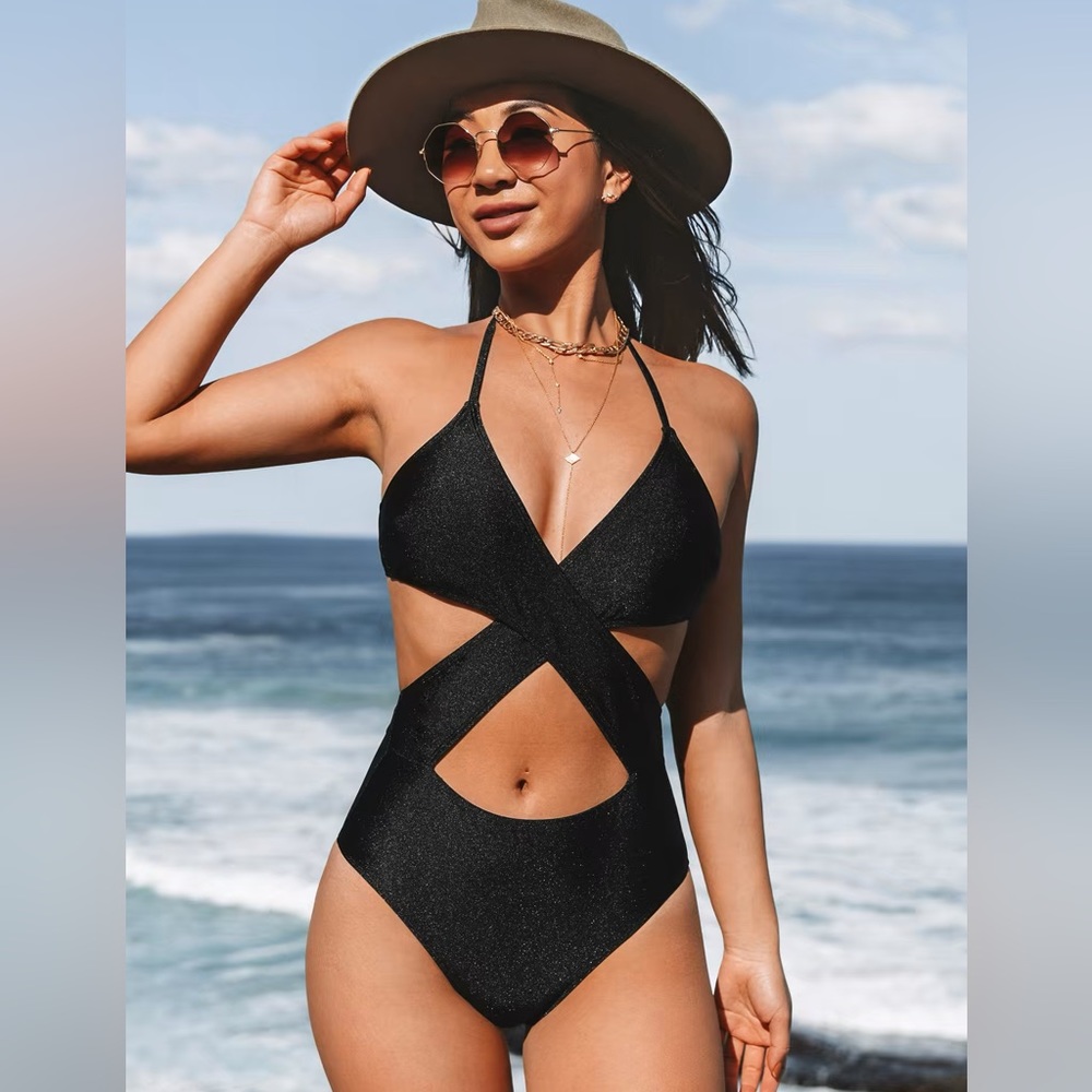 Braelynn Black Halter Criss Cross Back Tie Black One Piece Swimsuit Size XL